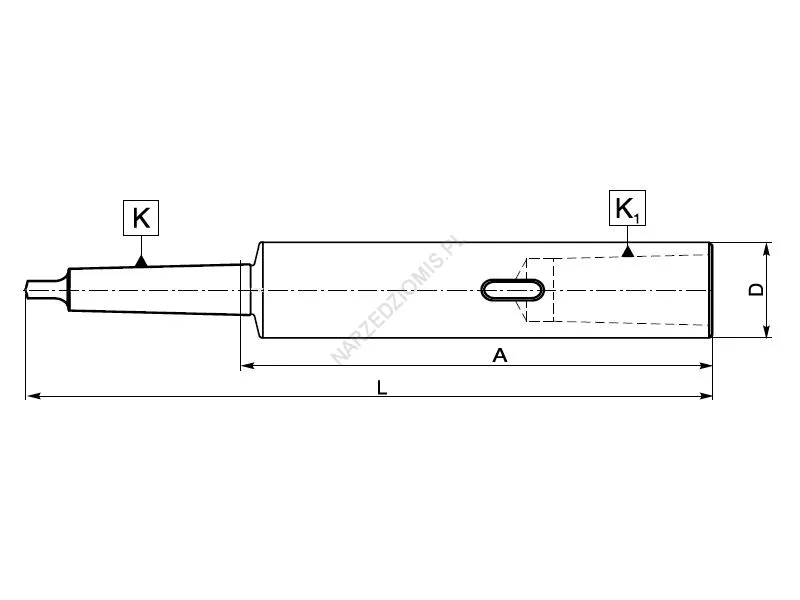 Rysunek techniczny: Tuleja przedłużająca Morse'a z płetwą na chw. Morse'a: T.1764 MS1/MS1 200mm - KOLNO